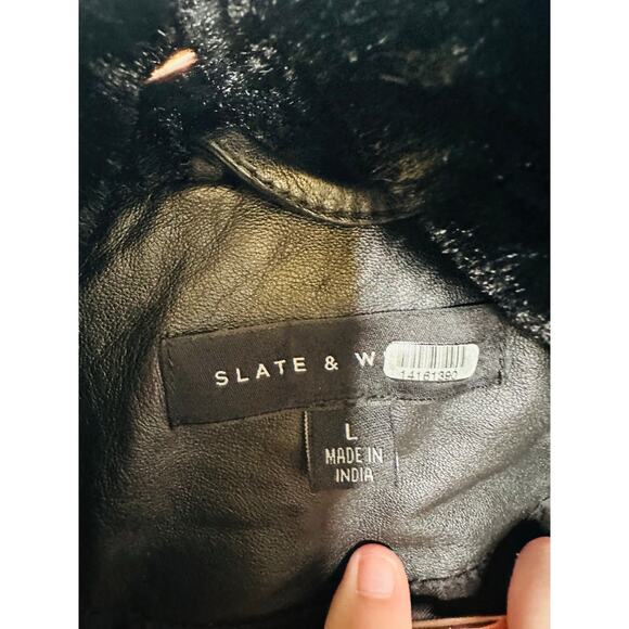 SLATE & WILLOW Black 100% Lambskin Leather Faux Fur Lapel Leather Jacket sz L - Picture 11 of 16